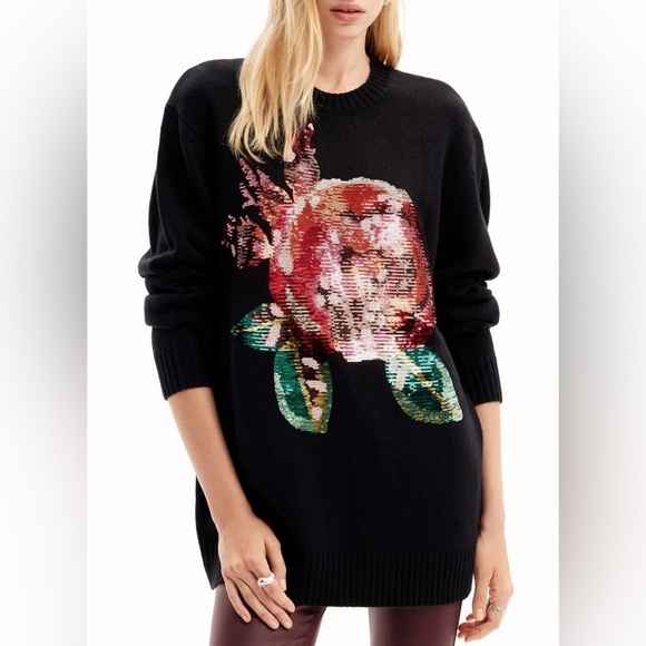 Desigual Sweaters - Desigual X Christian Lacroix Oversized Sequin Pullover Sweater Floral Black Sz M